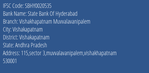 State Bank Of Hyderabad Vishakhapatnam Muvvalavanipalem Branch Vishakapatnam IFSC Code SBHY0020535