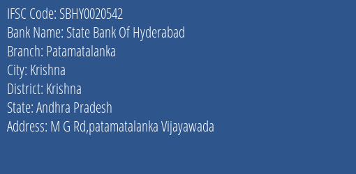 State Bank Of Hyderabad Patamatalanka Branch Krishna IFSC Code SBHY0020542