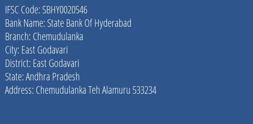 State Bank Of Hyderabad Chemudulanka Branch East Godavari IFSC Code SBHY0020546