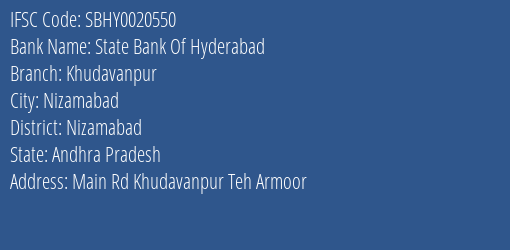 State Bank Of Hyderabad Khudavanpur Branch Nizamabad IFSC Code SBHY0020550