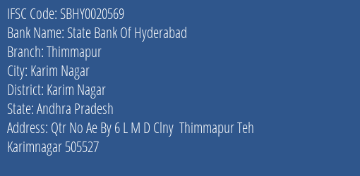 State Bank Of Hyderabad Thimmapur Branch Karim Nagar IFSC Code SBHY0020569