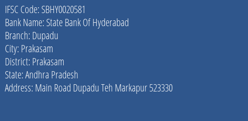 State Bank Of Hyderabad Dupadu Branch Prakasam IFSC Code SBHY0020581