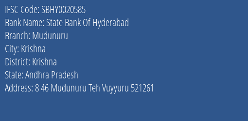 State Bank Of Hyderabad Mudunuru Branch Krishna IFSC Code SBHY0020585