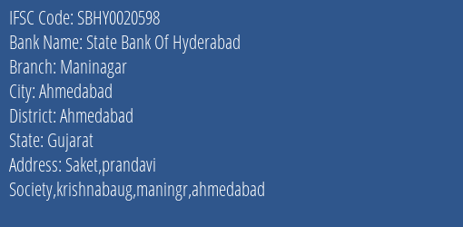 State Bank Of Hyderabad Maninagar Branch Ahmedabad IFSC Code SBHY0020598