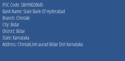 State Bank Of Hyderabad Chintaki Branch Bidar IFSC Code SBHY0020645