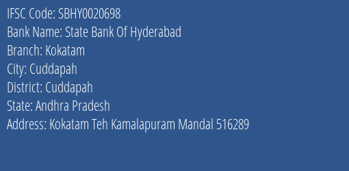 State Bank Of Hyderabad Kokatam Branch, Branch Code 020698 & IFSC Code Sbhy0020698