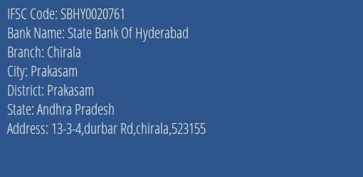 State Bank Of Hyderabad Chirala Branch Prakasam IFSC Code SBHY0020761