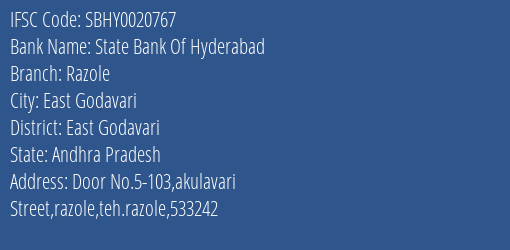 State Bank Of Hyderabad Razole Branch East Godavari IFSC Code SBHY0020767