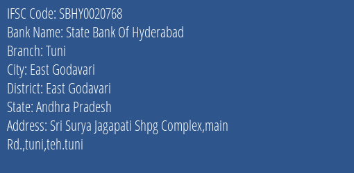 State Bank Of Hyderabad Tuni Branch East Godavari IFSC Code SBHY0020768