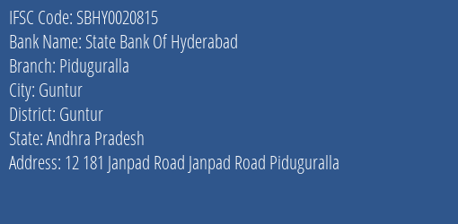 State Bank Of Hyderabad Piduguralla Branch Guntur IFSC Code SBHY0020815
