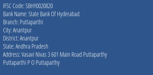 State Bank Of Hyderabad Puttaparthi Branch Anantpur IFSC Code SBHY0020820