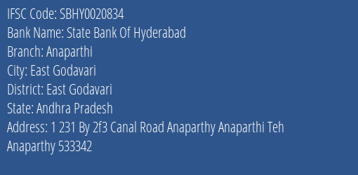 State Bank Of Hyderabad Anaparthi Branch East Godavari IFSC Code SBHY0020834