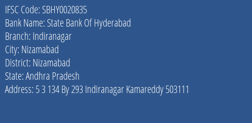 State Bank Of Hyderabad Indiranagar Branch Nizamabad IFSC Code SBHY0020835