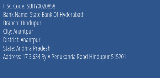 State Bank Of Hyderabad Hindupur Branch Anantpur IFSC Code SBHY0020858