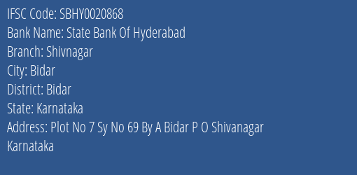 State Bank Of Hyderabad Shivnagar Branch Bidar IFSC Code SBHY0020868