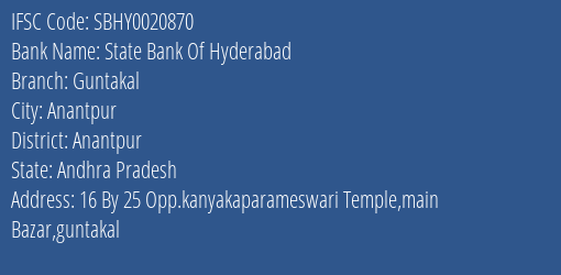 State Bank Of Hyderabad Guntakal Branch Anantpur IFSC Code SBHY0020870