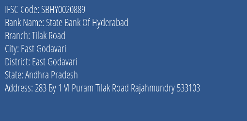 State Bank Of Hyderabad Tilak Road Branch East Godavari IFSC Code SBHY0020889