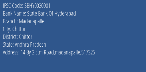 State Bank Of Hyderabad Madanapalle Branch Chittor IFSC Code SBHY0020901