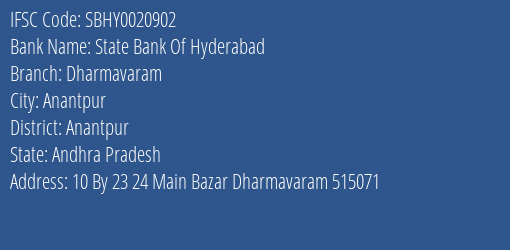 State Bank Of Hyderabad Dharmavaram Branch Anantpur IFSC Code SBHY0020902