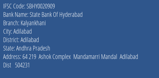 State Bank Of Hyderabad Kalyankhani Branch Adilabad IFSC Code SBHY0020909