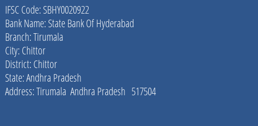 State Bank Of Hyderabad Tirumala Branch Chittor IFSC Code SBHY0020922