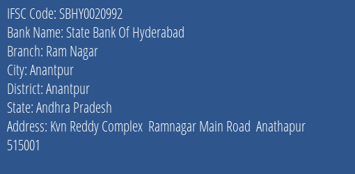 State Bank Of Hyderabad Ram Nagar Branch Anantpur IFSC Code SBHY0020992