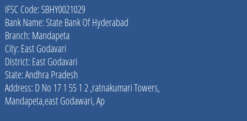 State Bank Of Hyderabad Mandapeta Branch East Godavari IFSC Code SBHY0021029