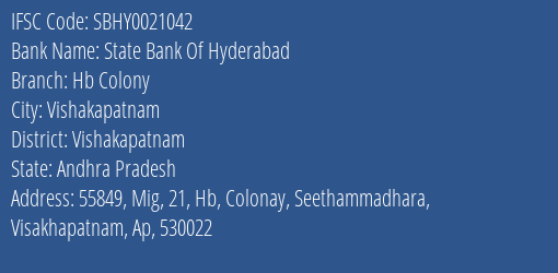 State Bank Of Hyderabad Hb Colony Branch Vishakapatnam IFSC Code SBHY0021042