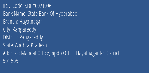 State Bank Of Hyderabad Hayatnagar Branch Rangareddy IFSC Code SBHY0021096