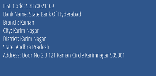State Bank Of Hyderabad Kaman Branch Karim Nagar IFSC Code SBHY0021109