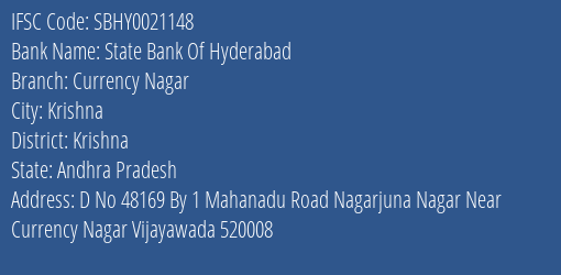 State Bank Of Hyderabad Currency Nagar Branch Krishna IFSC Code SBHY0021148