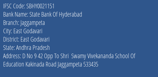 State Bank Of Hyderabad Jaggampeta Branch East Godavari IFSC Code SBHY0021151