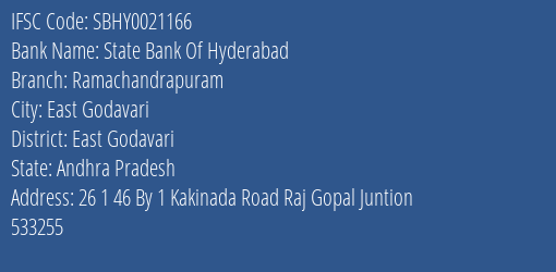 State Bank Of Hyderabad Ramachandrapuram Branch East Godavari IFSC Code SBHY0021166