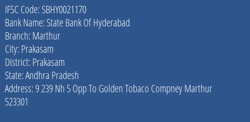 State Bank Of Hyderabad Marthur Branch Prakasam IFSC Code SBHY0021170