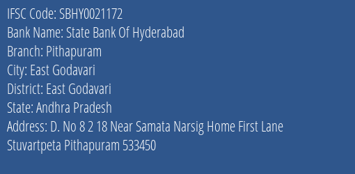 State Bank Of Hyderabad Pithapuram Branch East Godavari IFSC Code SBHY0021172
