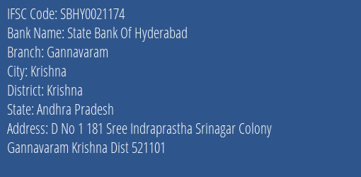 State Bank Of Hyderabad Gannavaram Branch Krishna IFSC Code SBHY0021174
