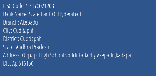 State Bank Of Hyderabad Akepadu Branch Cuddapah IFSC Code SBHY0021203