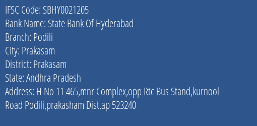 State Bank Of Hyderabad Podili Branch Prakasam IFSC Code SBHY0021205