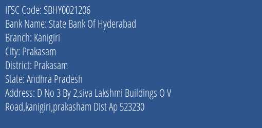 State Bank Of Hyderabad Kanigiri Branch Prakasam IFSC Code SBHY0021206