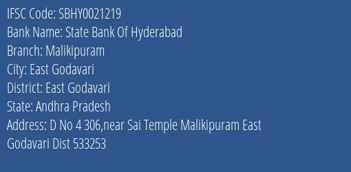 State Bank Of Hyderabad Malikipuram Branch East Godavari IFSC Code SBHY0021219