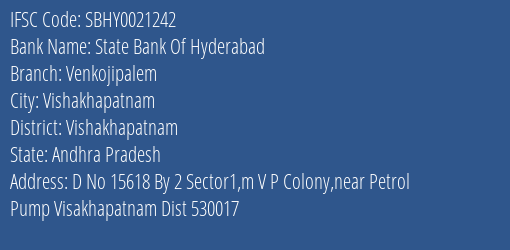 State Bank Of Hyderabad Venkojipalem Branch Vishakhapatnam IFSC Code SBHY0021242
