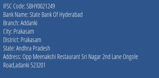State Bank Of Hyderabad Addanki Branch Prakasam IFSC Code SBHY0021249