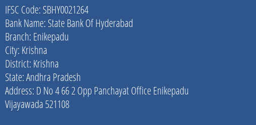 State Bank Of Hyderabad Enikepadu Branch Krishna IFSC Code SBHY0021264