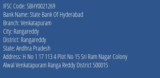 State Bank Of Hyderabad Venkatapuram Branch Rangareddy IFSC Code SBHY0021269