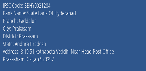 State Bank Of Hyderabad Giddalur Branch Prakasam IFSC Code SBHY0021284