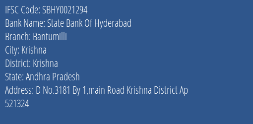 State Bank Of Hyderabad Bantumilli Branch Krishna IFSC Code SBHY0021294