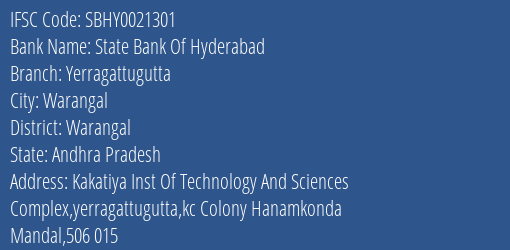 State Bank Of Hyderabad Yerragattugutta Branch Warangal IFSC Code SBHY0021301