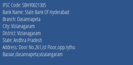 State Bank Of Hyderabad Dasannapeta Branch Vizianagaram IFSC Code SBHY0021305