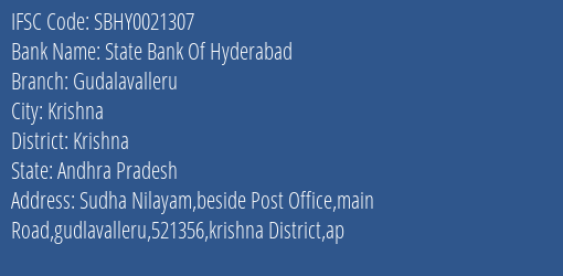 State Bank Of Hyderabad Gudalavalleru Branch Krishna IFSC Code SBHY0021307