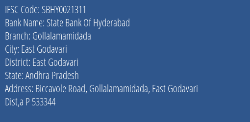 State Bank Of Hyderabad Gollalamamidada Branch East Godavari IFSC Code SBHY0021311